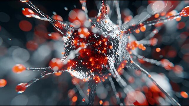 NK cell. Natural killer cell. Immunity. lymphocyte. Cytotoxic. Antibody. Perforin. Apoptosis. Abstract representation of a virus with red droplets and blurred background.