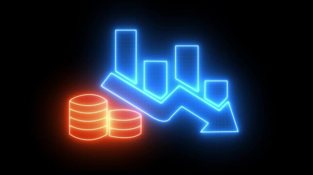 Glowing coins and financial graph with down arrow, representing economic decline, market loss, and monetary downturn, 4k video on dark background