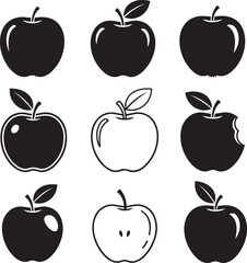 Black and white vector set of apple icons featuring whole apples, outlines, and bitten apples, designed in a minimal and modern style.