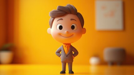 smiling cartoon man in gray business suit and orange tie standing confidently in orange room with blurred background
