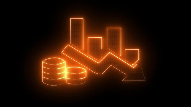 Illuminated coins with downward arrow chart, market crash, investment loss, and economic downturn concept, futuristic 4k animation,