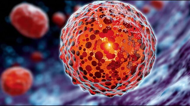 NK cell. Natural killer cell. Immunity. lymphocyte. Cytotoxic. Antibody. Perforin. Apoptosis. Detailed close-up of a vibrant red cell in a microscopic environment.