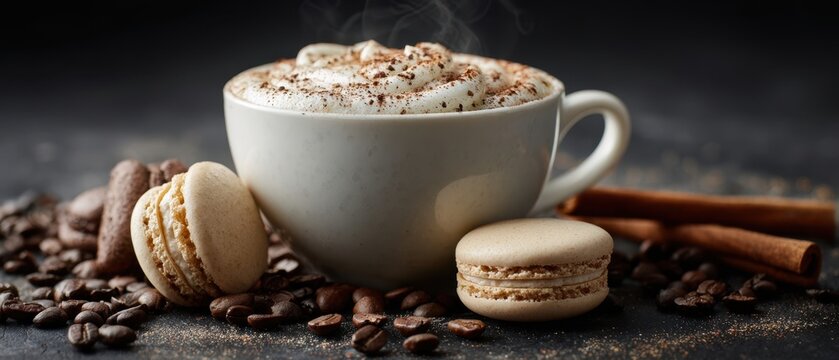 The steaming cup of cappuccino with macarons and coffee beans