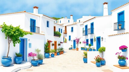 Obraz premium Bright Andalusian village street with white houses, blue shutters and vibrant summer flowers in colorful pots.