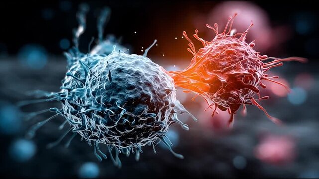 NK cell. Natural killer cell. Immunity. lymphocyte. Cytotoxic. Antibody. Perforin. Apoptosis. Colorful illustration of two cells interacting in a microscopic view.