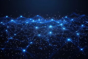 Abstract digital network of interconnected blue glowing nodes and lines creating a futuristic web on a dark background with scattered small white particles
