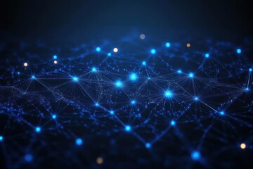 Fototapeta premium Abstract digital network with interconnected glowing blue nodes and lines on a dark background symbolizing connectivity and data flow