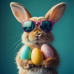 Cute brown rabbit wearing purple sunglasses holding three colorful Easter eggs against teal background