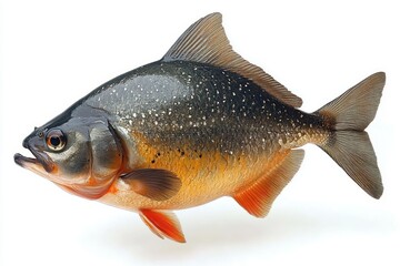 Obraz premium Close-up of a freshwater fish with dark gray and orange scales and transparent fins isolated on white background