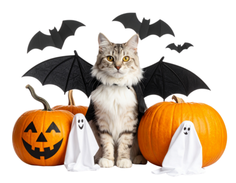 Cute little cat with pumpkin on Halloween