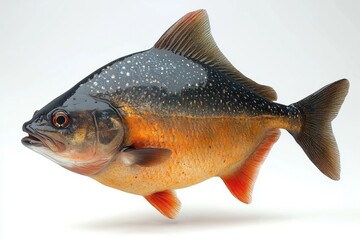 Obraz premium close-up of a colorful fish with dark upper body and bright orange belly fin against white background