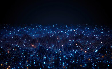 Abstract digital wave landscape composed of glowing blue and occasional orange dots forming a dynamic grid pattern evoking futuristic technology and connectivity