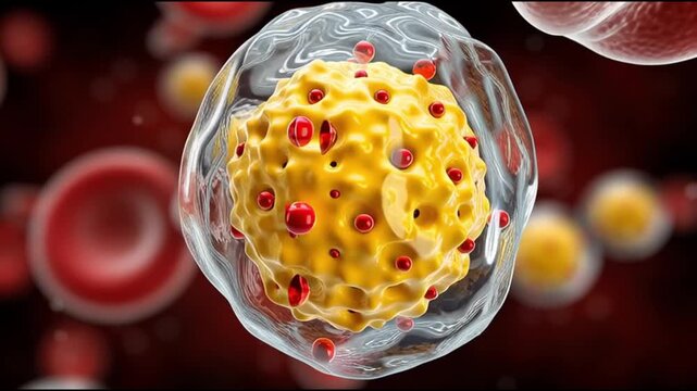 NK cell. Natural killer cell. Immunity. lymphocyte. Cytotoxic. Antibody. Perforin. Apoptosis. Microscopic view of cells and red blood cells in a biological sample.