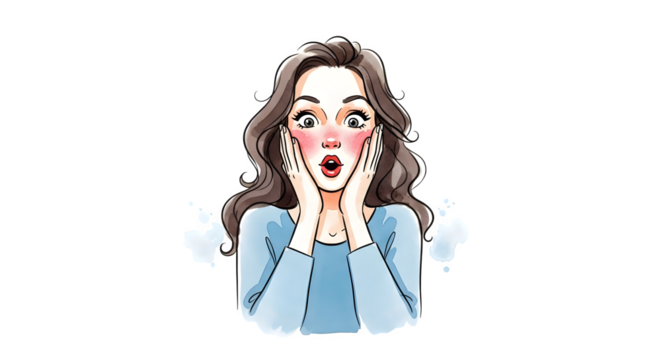 Cartoon woman with surprised expression and blush .ai generative, transparent background, white background. isolated on white background, png, jpeg, jpg. - Powered by Adobe
