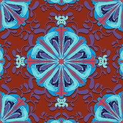 abstract seamless pattern,blue, purple, red curves and painted to create flowers shape,leaves with red background in geometric patterns to as sarong,tile,printed fabric,batik,fabric,tablecloth pattern