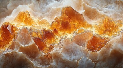 Close-up of translucent orange and white crystalline mineral formations with glowing light textures and intricate natural patterns