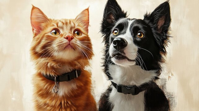 Close-up of an attentive orange tabby cat and a black and white dog both wearing collars looking upwards with curious expressions against a light textured background
