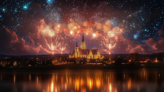 Nighttime fireworks bursting brightly over a large illuminated cathedral with tall spires, reflected in calm water below under a starry sky