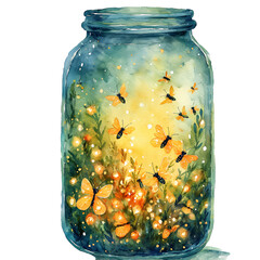a watercolor painting depicts a glass mason jar filled with glowing fireflies and delicate wildflowers in a soft, dreamy aesthetic.