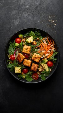 Healthy Tofu and Greens Salad in Black Bowl