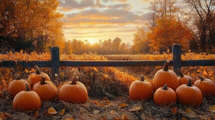 Group of pumpkins arranged on dry grass in front of a wooden fence with autumn trees and a sunset sky in the background