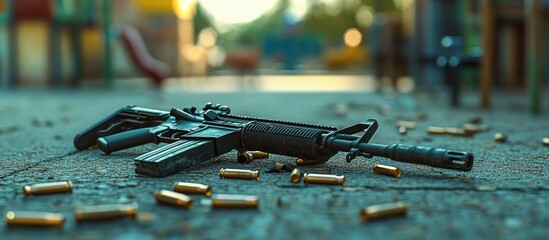 Black assault rifle lying on a street surface surrounded by scattered bullet casings in an urban setting during daylight