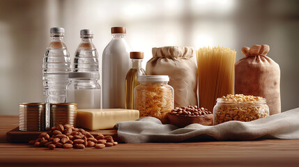 Packaged food and beverage products arranged on a clean table. Includes canned beans, bottled water, cooking oil, rice bags, boxed milk, pasta, and packaged snacks on wooden table