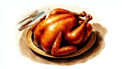 Roast turkey on the table, watercolor illustration
