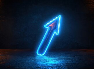 Glowing blue neon arrow pointing upwards on a dark textured surface emitting bright light and casting soft reflections