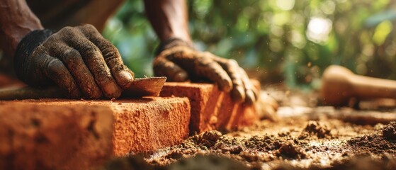 The skilled artisan laying bricks with precision in a sunlit garden.
