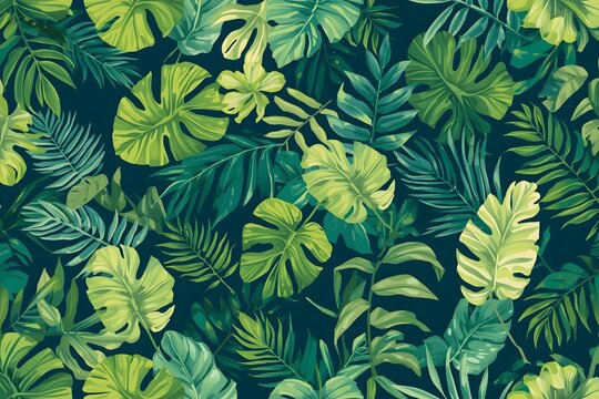 Vector light tropical leaves summer hawaiian seamless pattern with tropical green plants and leaves on navy blue background.