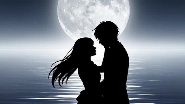 Silhouetted couple embracing under a full moon over water, creating a romantic and dreamy atmosphere.