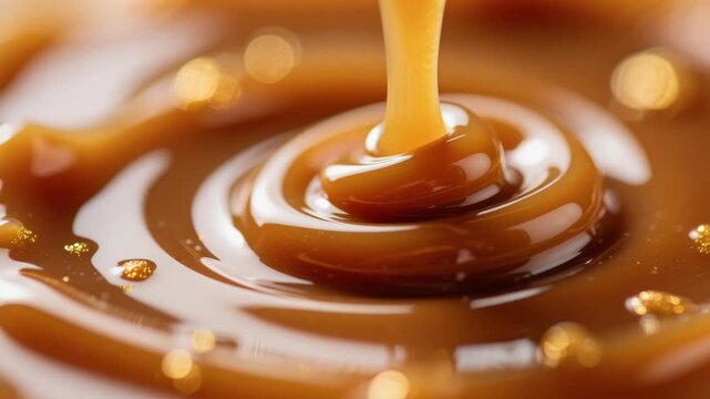 Close-up of smooth caramel sauce swirling in a bowl. The rich, golden-brown liquid glistens with a glossy finish, creating a tempting texture