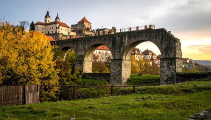 Autumnal cityscape with ancient stone bridge and castle