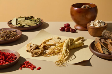 Flat-lay composition showing ginseng roots and assorted dried herbs in wooden bowls, styled with a rustic aesthetic for traditional medicine presentation. © Tuan  Nguyen 