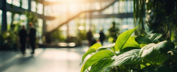 The vibrant greenery in a modern office setting illuminated by sunlight.