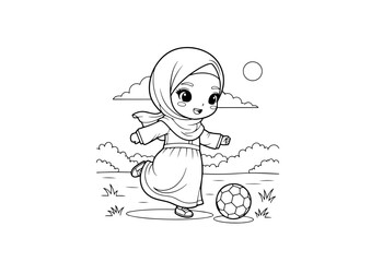 Chibi Hijab Girl Playing Soccer Coloring Page