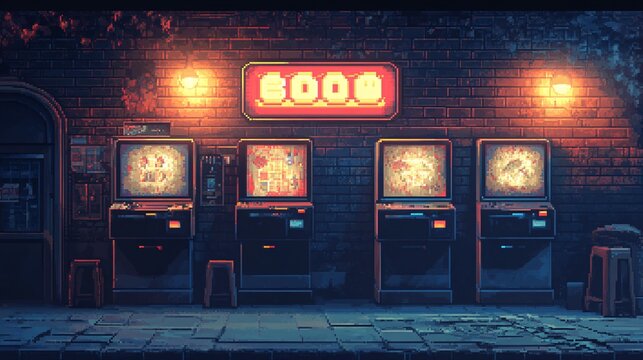 Retro pixel art arcade games on a dark city street