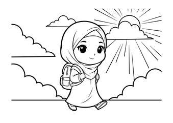 Chibi Hijab Girl Walking to School Coloring Page