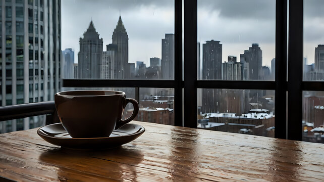 cup of coffee, Dark Brown Teacup on Wooden Table by Rainy Window, City View - Powered by Adobe