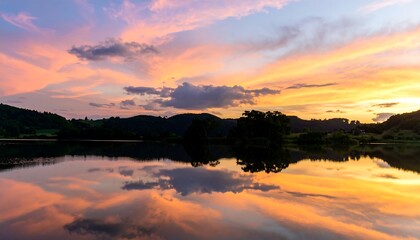 Obraz premium Peaceful Sunset Reflected on Calm Lake Water