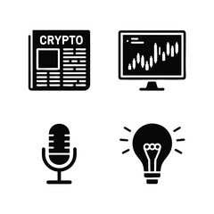Crypto news and information icon set newspaper, chart on screen, podcast microphone, lightbulb analysis. Solid black icons