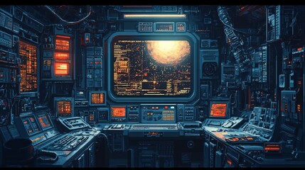 Fototapeta premium Futuristic Sci-Fi Command Center with a City View Screen