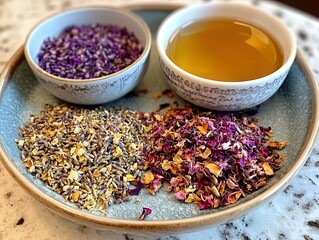 Cup of herbal lavender tea on white background