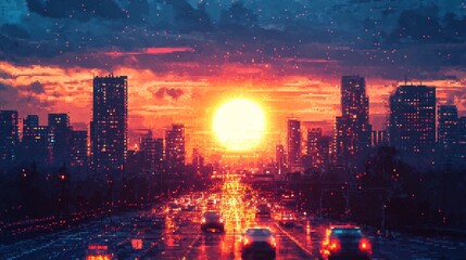 Obraz premium Sunset drive on a futuristic highway toward a city skyline
