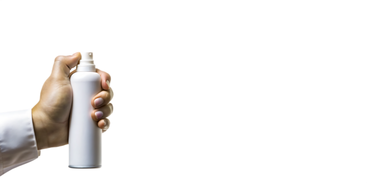 Hand in White Shirt Sleeve Holding White Spray Can aerosol isolated on a transparent background
