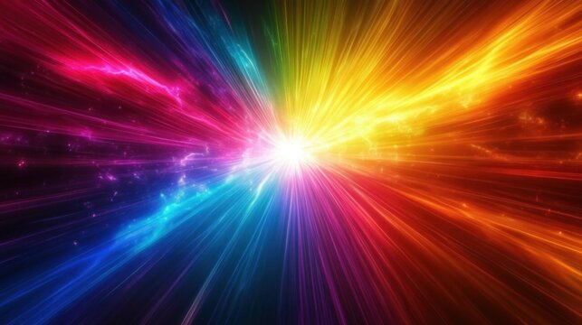 Vibrant explosion of colorful light beams radiating from a bright central point with radiant streams in blue, purple, red, orange, and yellow, creating a sense of energy and motion - Powered by Adobe