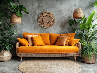 Cozy Living Room with Rattan Sofa and Indoor Plants