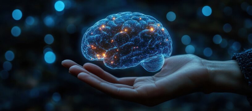 Close-up of a human hand holding a glowing digital brain hologram with connected neural network lights against a dark blue blurred background