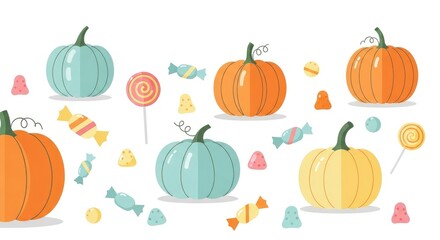 Colorful pumpkins and halloween candies illustration